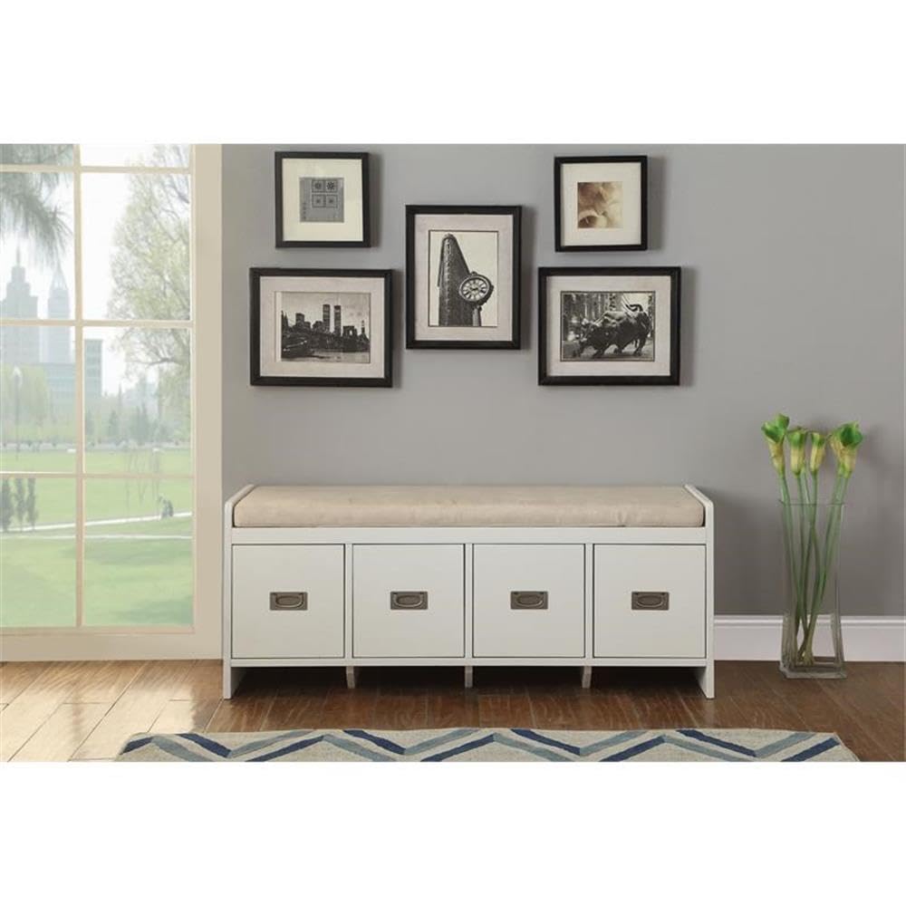 Acme Berci Wooden Upholstered Bench with Removable Cushion in Beige and White