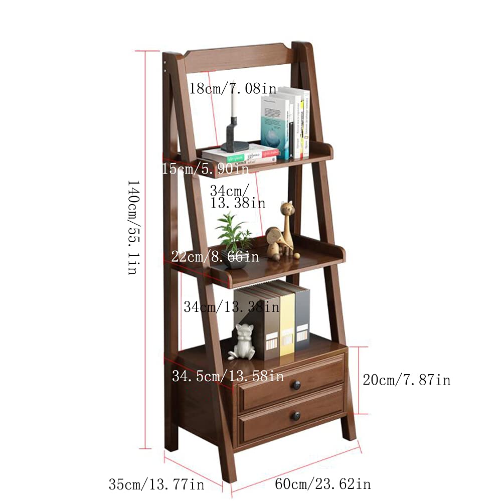Wddwymll 2-Tier Ladder Shelf Industrial Bookcase,Storage Display Shelving with Drawer and 2 Shelves,Leaning Rustic Bookcases,for Living Room,Bedroom,Office(60×35×140cm)