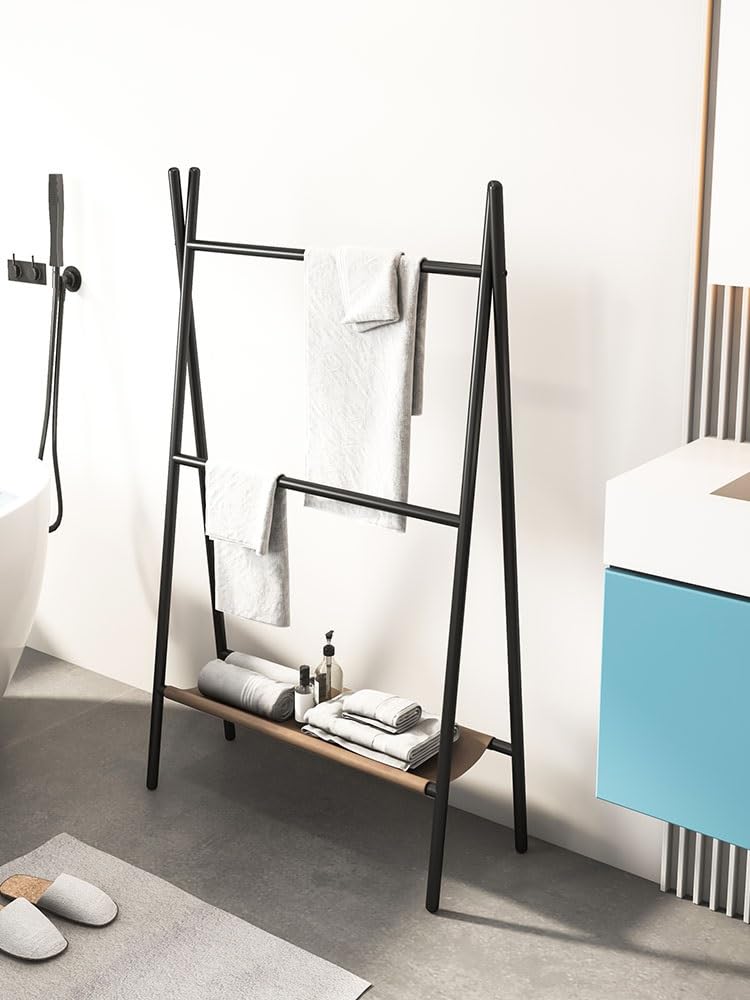 BIOMICE Floor Towel Rack 2-Tier Towel Rack with Shelf Metal Towel Stand Free Standing Towel Holder for Bathroom Freestanding Towel Racks(White)