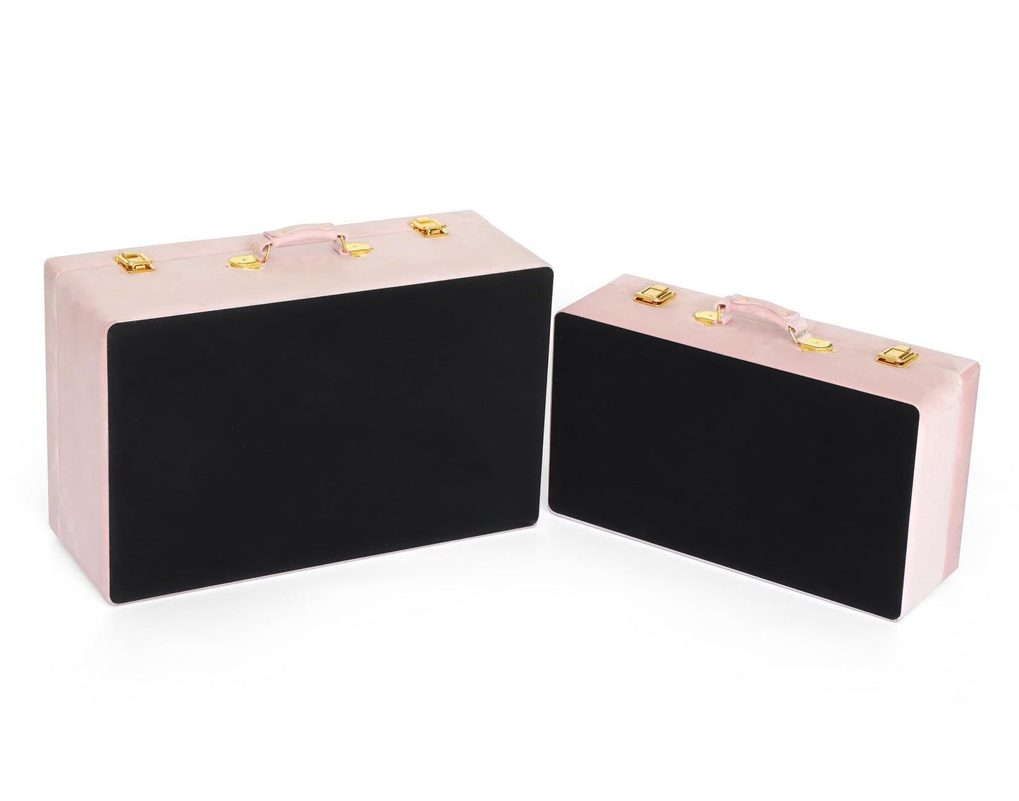 HofferRuffer Velvet Storage Trunks with Wood Frame, Set of 2 Storage Chests with Handles, Bedroom Organizer Nesting Upholstered Decorative Boxes Hinged Lid with Gold Hardware Accents (Pink Trunks)