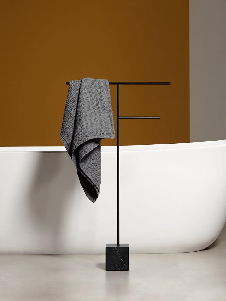 BIOMICE Floor Towel Rack Metal Standing Towel Rack Freestanding 2-Tier Towel Stand with Marble Base for Bathroom Freestanding Towel Racks(Black,31.5 * 65cm)