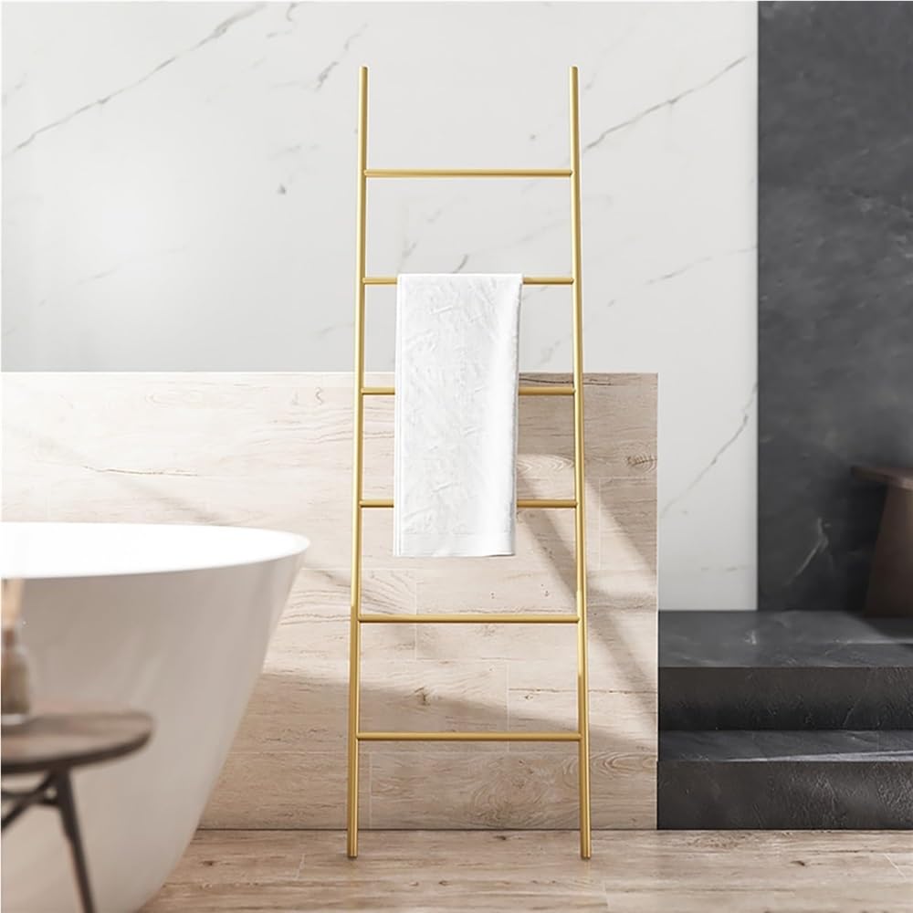 6 Tier Metal Towel Ladder, Free Standing Wooden Towel Rack, Metal Leaning Towel Ladder Rack for Blankets or Quilts for Living Room Bathroom(Gold)