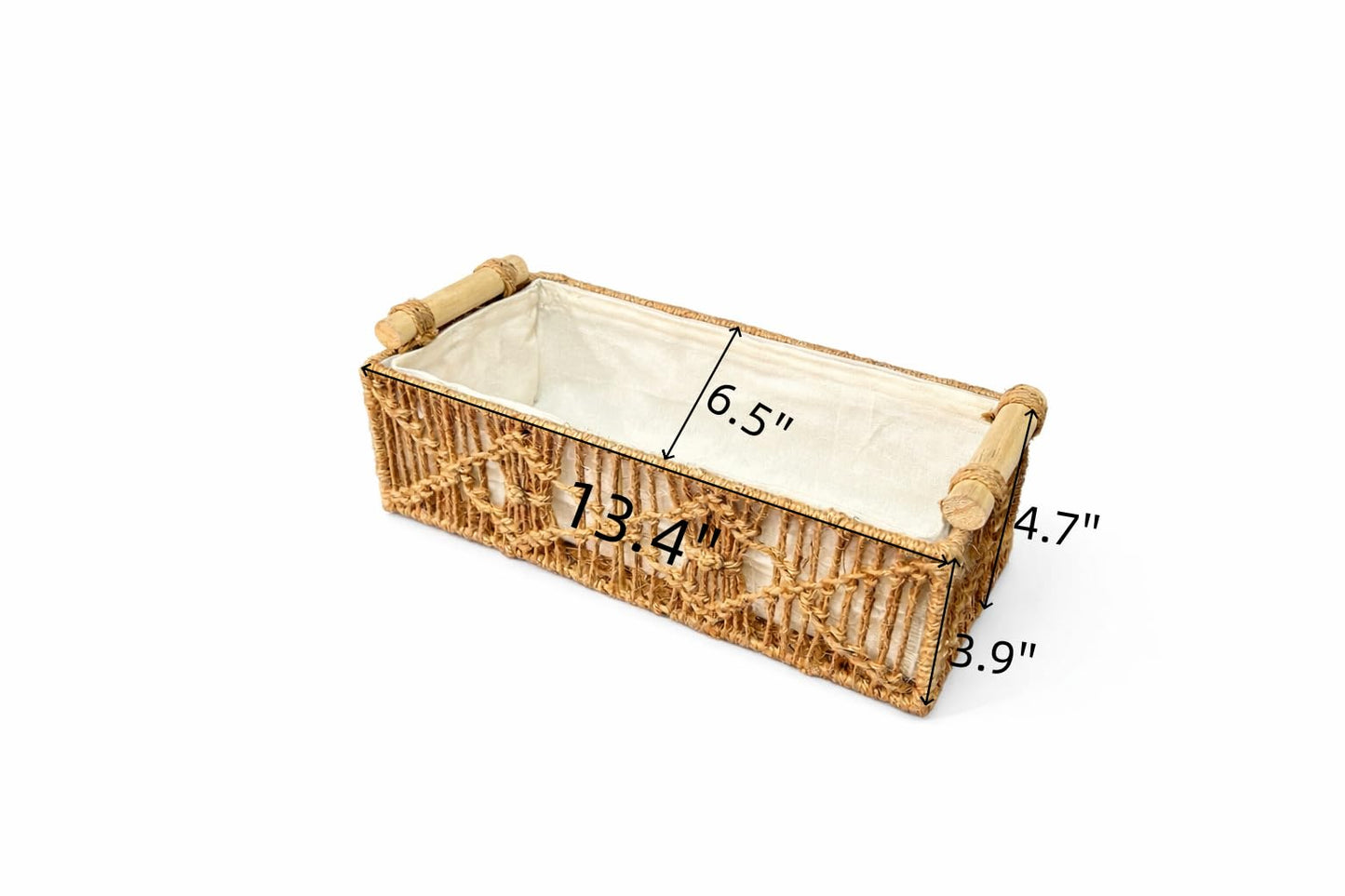 SDFUMAO Handwoven Jute Rope Storage Basket with Paulownia Wood Handles, Rectangular Decorative Organizer Bin with Removable Fabric Liner for Shelves, Countertops & Home Organization