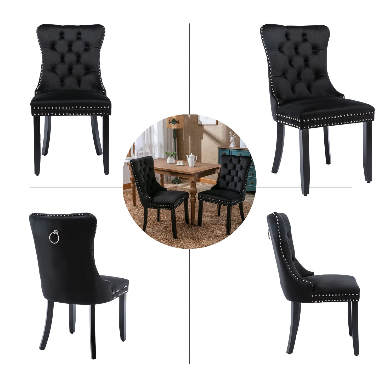 Shenyon Black Velvet Dining Chairs Set of 4, Upholstered Dining Room Chairs with Back Ring Pull Trim and Solid Wood Legs,Modern Dining Chairs Perfect for Dining Room,Living Room,Kitchen(Black)
