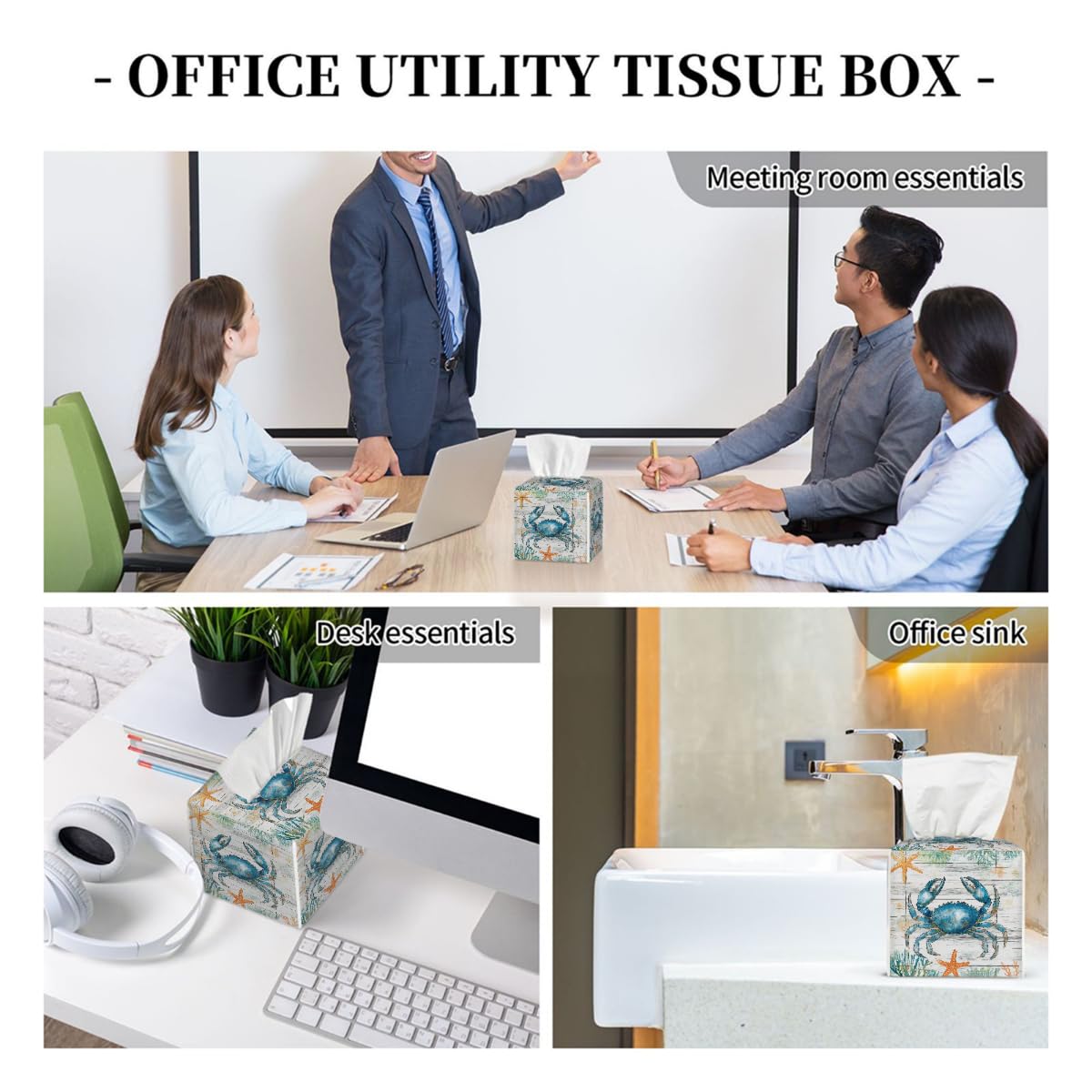 Tissue Box Cover PU Leather Square Tissues Holder Ocean Blue Crab On Wooden Decorative Facial Paper Organizer Dispenser for Bedroom Bathroom Vanity,Home Office Car