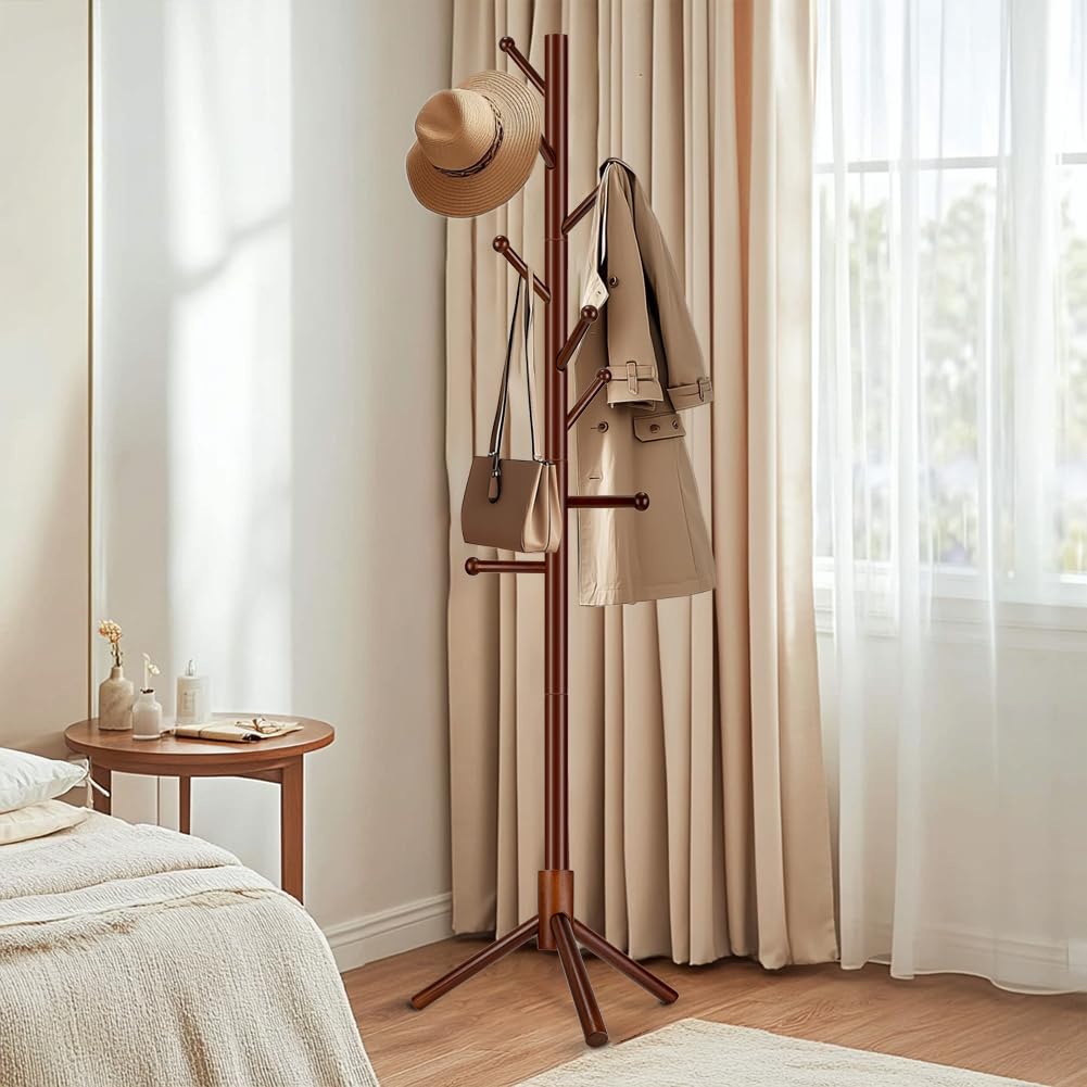 Arborus Wooden Coat Rack Freestanding, Adjustable Height Solid Wood Clothes Stand with 8 Ball-End Hooks, Stable Tripod Base, 5.7FT Floor Coat Tree for Entryway Bedroom Office, Brown