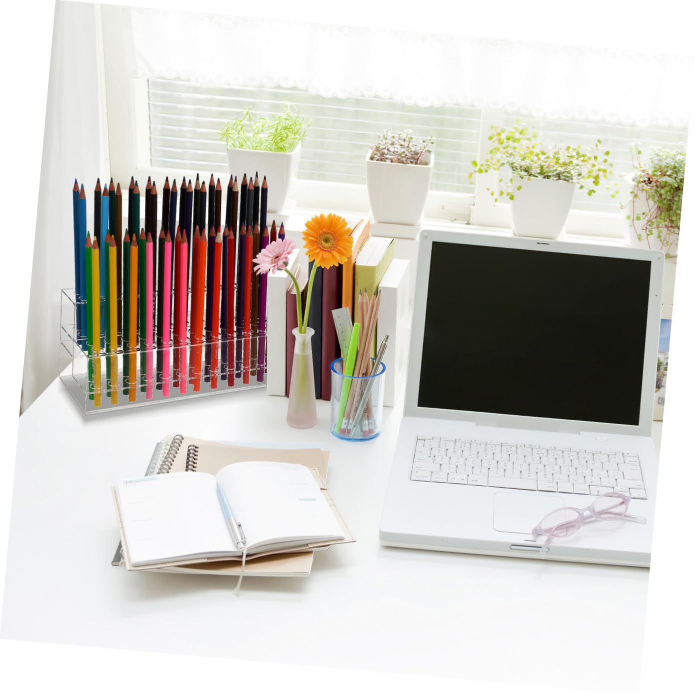 Luxshiny Pen Holder Storage Box 9.44X4.13X3.54In Desktop Organizer with Multi-Slot Design for Pens Pencils Makeup Brushes Crayons Office School Desk Accessories