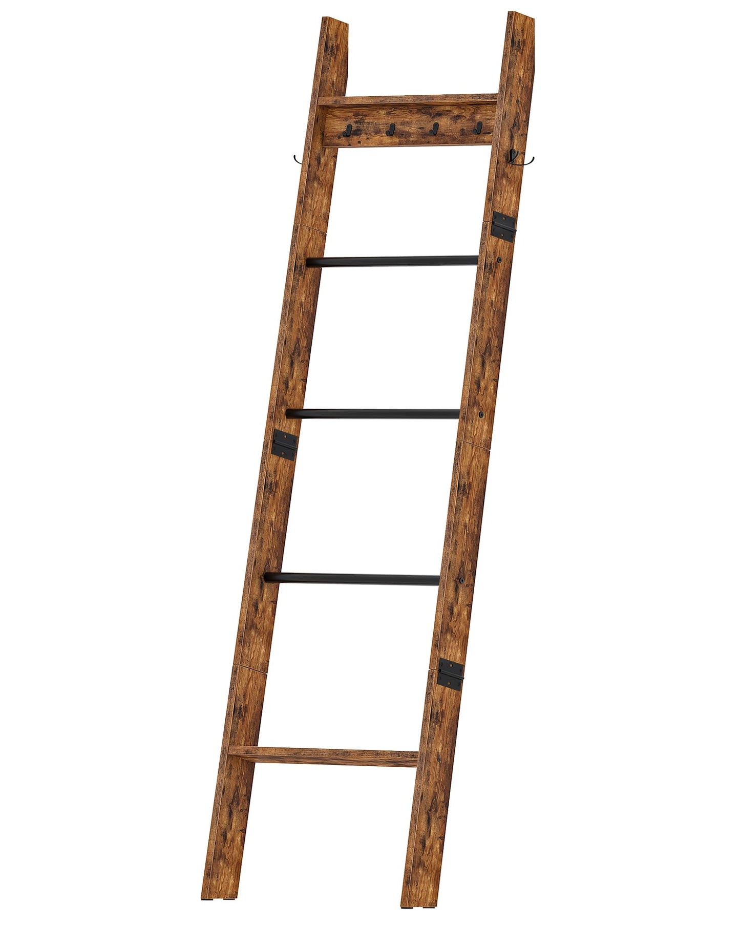 CHOEZON 5-Tier Blanket Ladder, Wooden Blanket Display Rack, Towel Ladder with Hooks, Wall Leaning Display Shelf, for Living Room, Bedroom, Balcony, Rustic Brown and Black MCJ02FG