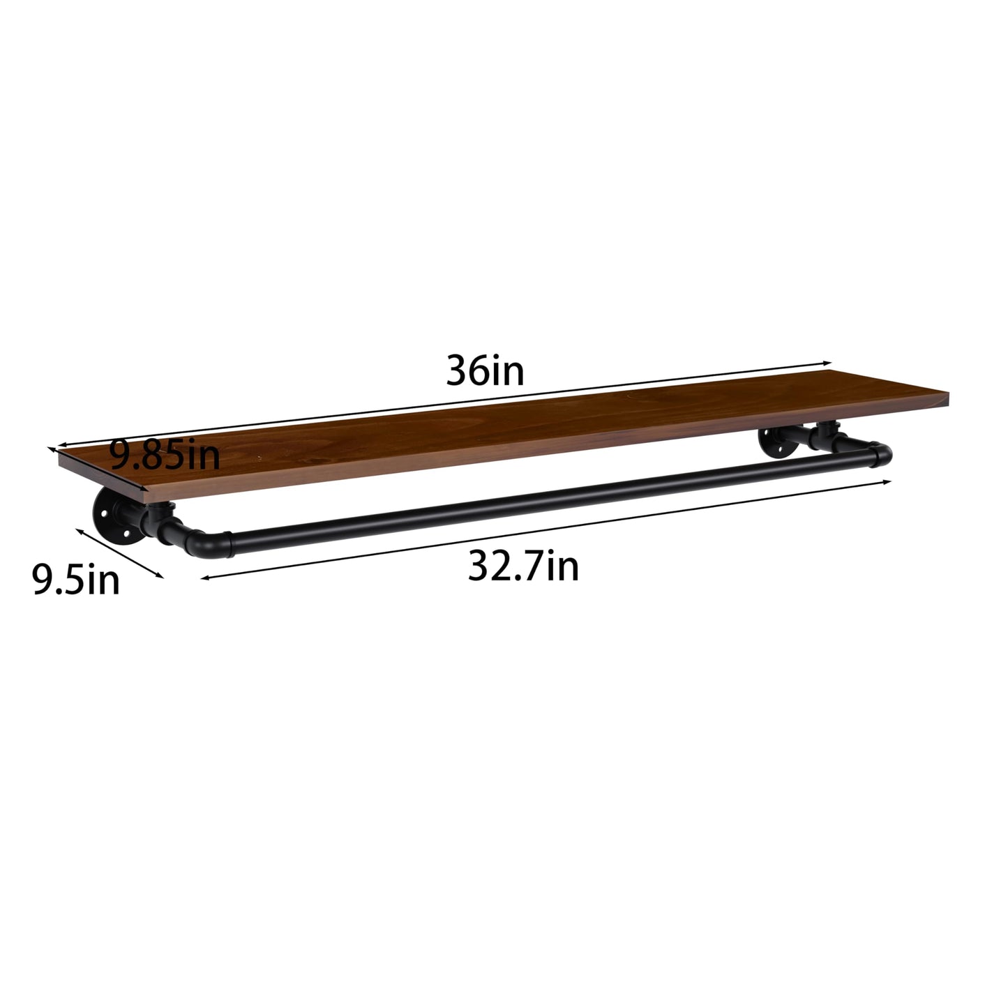 TEDIDUWA Clothes Rack 36in, Wall Mounted Garment Rack with Real Walnut Wood Shelf, Heavy Duty Hanging Clothes shelf, Multi-Purpose Hanging Rod, Space-Saving Closet Storage (Walnut, 1T36IN)