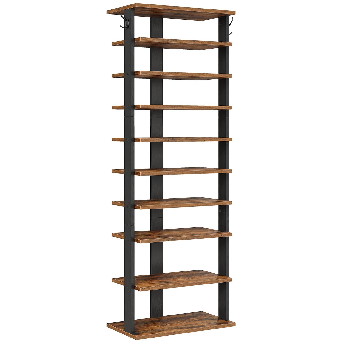 HOOBRO 10 Tiers Vertical Shoe Rack, Wooden Shoe Storage Organizer with Hooks, Narrow Shoe Tower for 20 Pairs, Space Saving, for Entryway, Living Room, Bedroom, Rustic Brown FG140XJ01