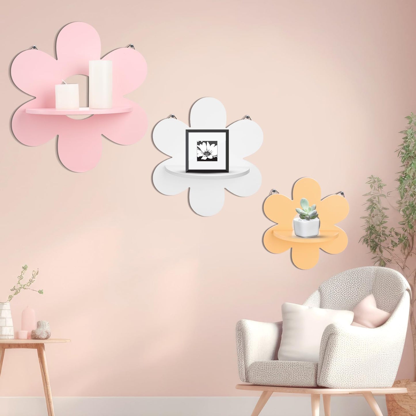 Soaoo 3 Pcs Daisy Flower Floating Shelves, Wooden Boho Daisy Plant Shelf, Wall Mounted Display Stand, Hanging Display Flower Decor for Living Room Bathroom Bedroom(Pink,White,Yellow)