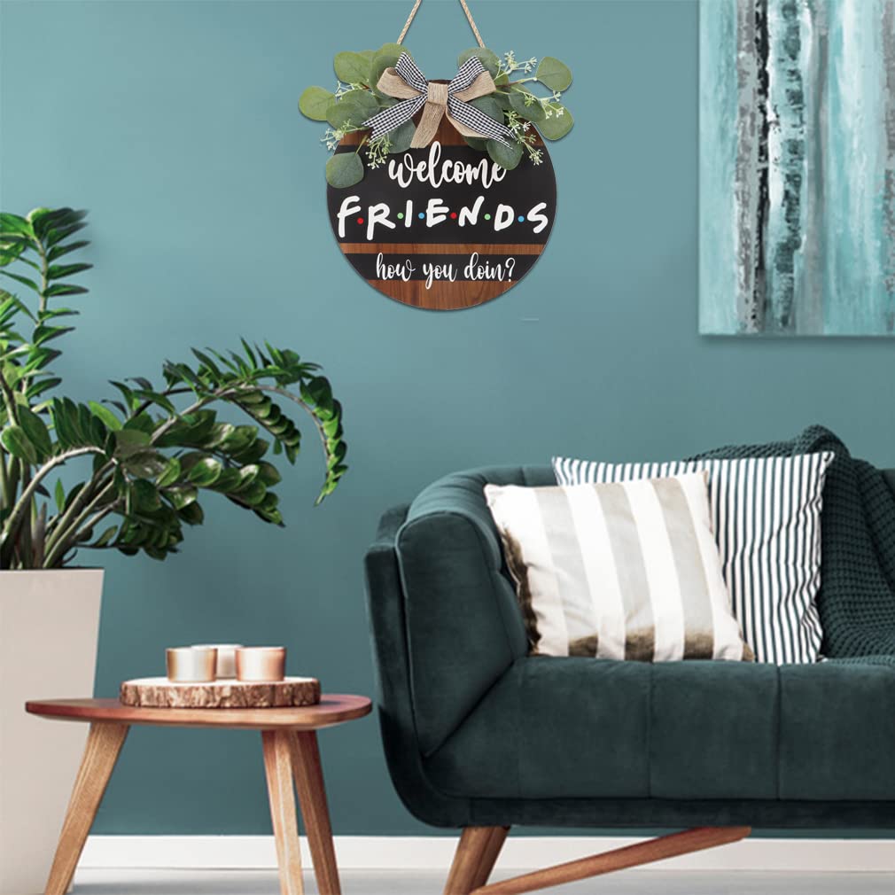 FWIEXA 3D Welcome Friends How You Doin Door Sign (11.4"x11.4"), Friends Merchandise TV Show Gifts for Men Woman, Rustic Farmhouse Welcome Wreath for front Door Porch Outdoor