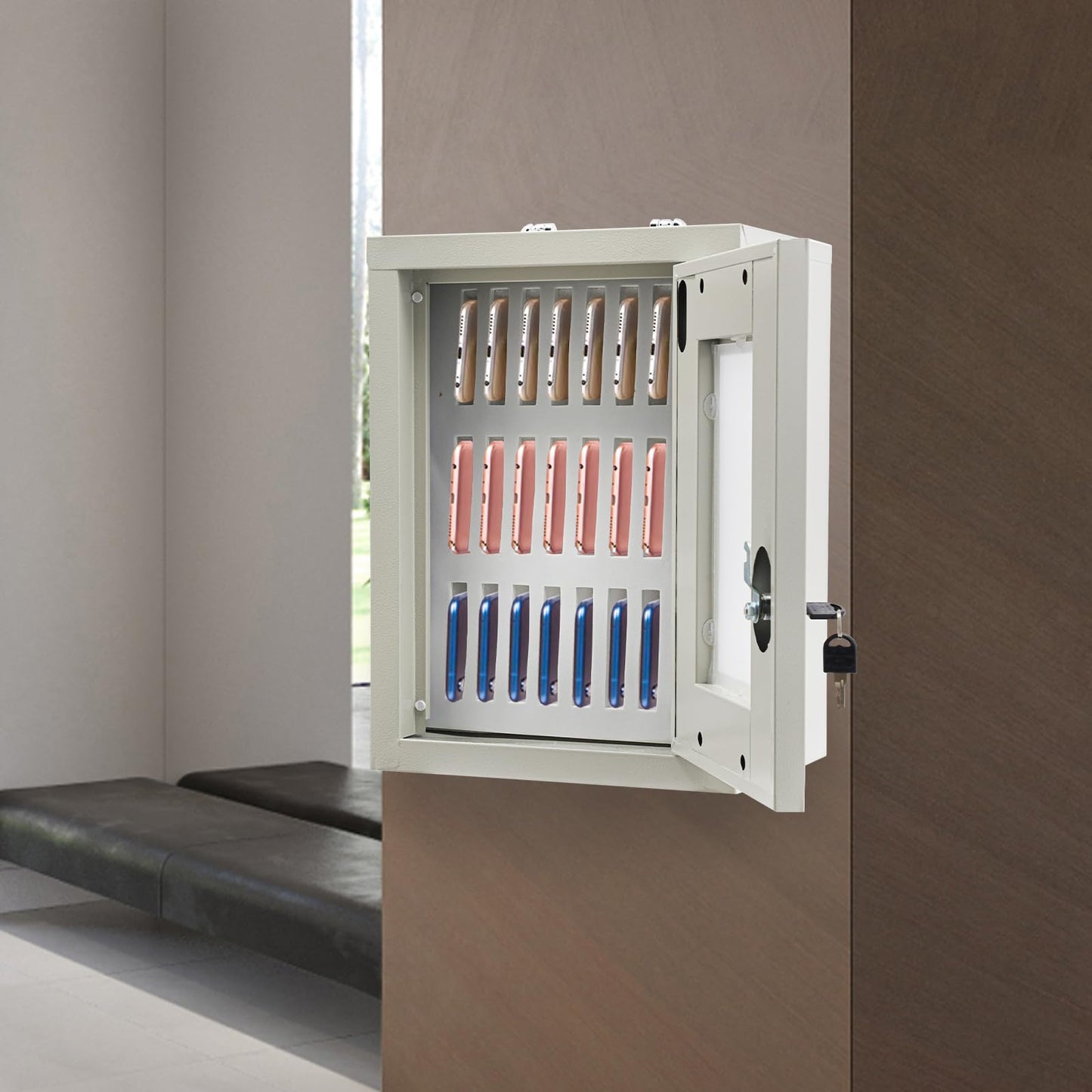 Eapmic Cell Phones Storage Cabinet Clear Cell Phone Locker Box for Pocket Cellphone Holder,Wall-Mounted&Freestanding with a Locked,Can be Carried by Hand for Office Classroom (24 Slots,Steel)