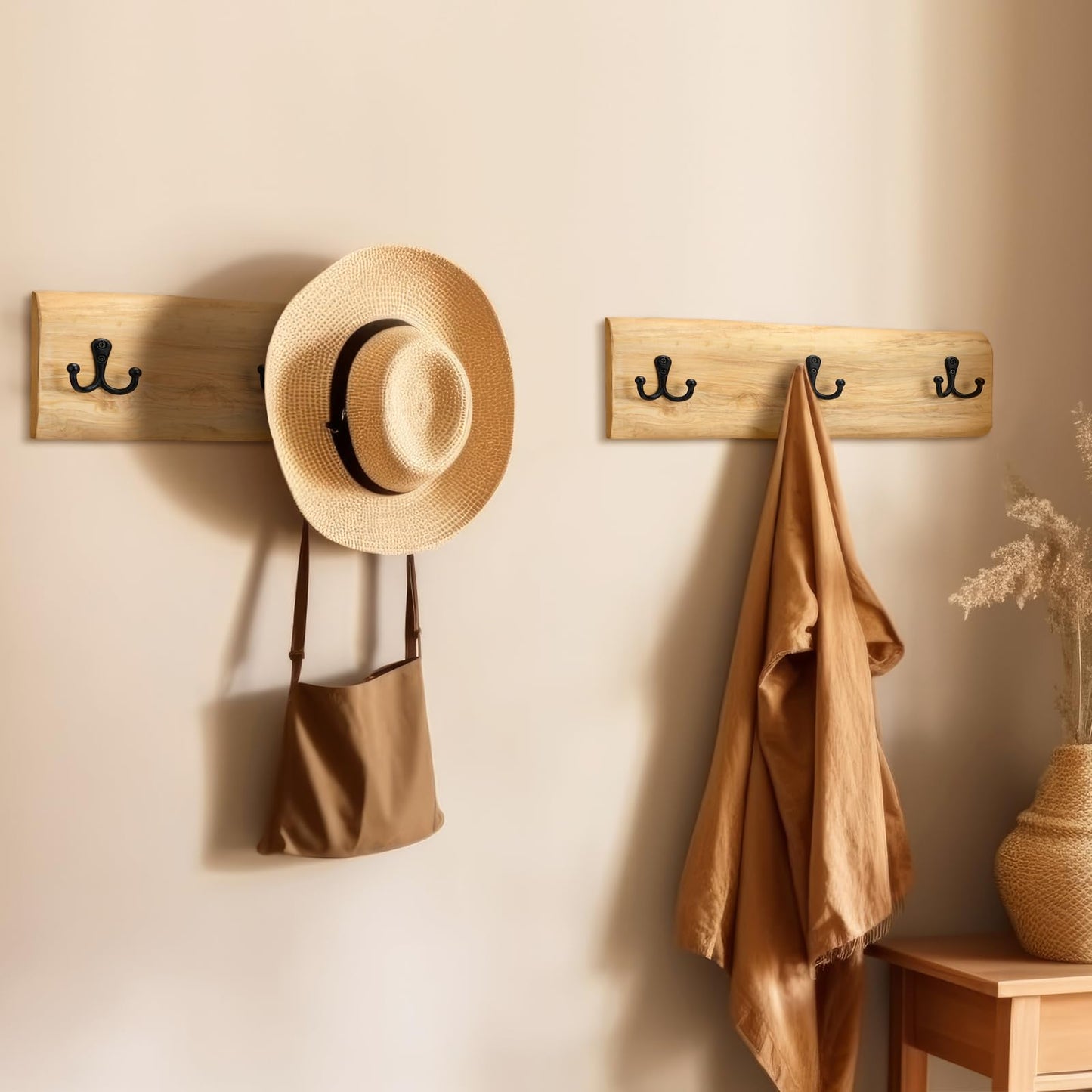 Threehoney 2 Pcs Wooden Coat Rack Wall Mount, 15.8 Inch Farmhouse Style with 3 Hooks, Heavy Duty Wall Hanger for Hanging Backpack, Jacket, Hat, Towel, Purse - Entryway, Bathroom, Bedroom Organizer