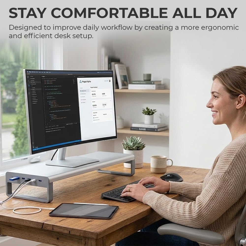 OTM Essentials Aluminum Monitor Stand with 4 USB Ports, Non-Slip Padding & Tilted Surface, Slim Computer Monitor Riser for Laptop, PC & Gaming Desk Organizer, Silver Finish for Home & Office Setup