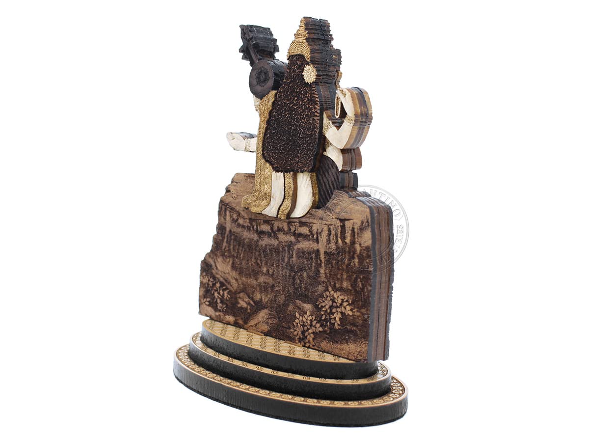 PLEASANTINO - 4 Inch Goddess Saraswati Wood Carved Statue in Exotic Hard Woods - Multi Layered Hand Made Wooden Goddess of Knowledge Idol for Car Dashboard, Home, Office, and Travel