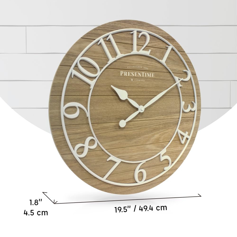 Presentime & Co Classic Farmhouse Shiplap Clock, 19.5 inch, White Arabic Numerals with Ash Wood Shiplap Style. Large Farmhouse Decor for Living Room, Entryway, Home Office, Wall Décor