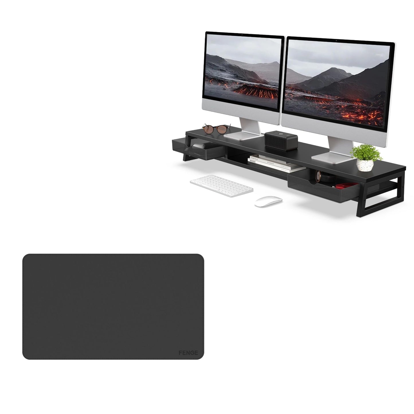 Fenge Dual Monitor Stand with Drawer & Desk Pad Bundle, 42.5 Inch 2-Tier Wooden Monitor Riser (Wooden & Metal Structure) & 23.6×13.8 Inch Double-Sided Waterproof Mouse Mat for Home Office