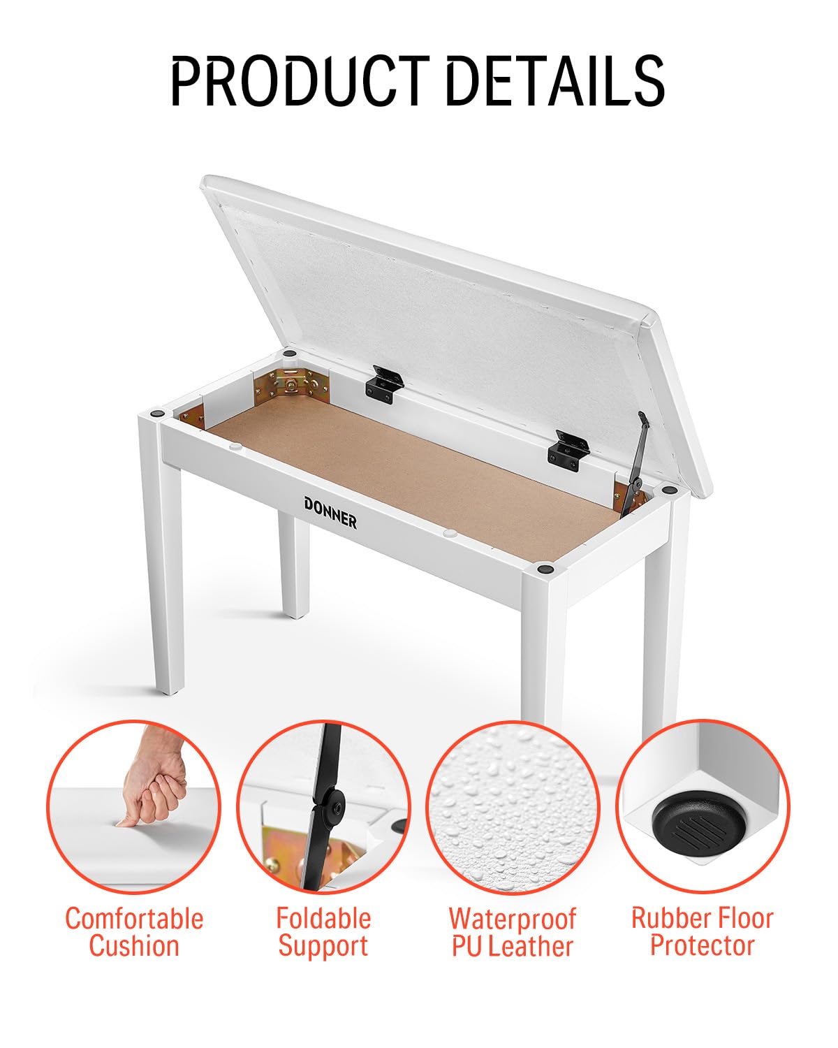 Donner Duet Piano Bench with Storage, Solid Wooden Keyboard Bench Piano Bookcase Stool Chair Seat with High-Density Sponges Padded Cushion, White
