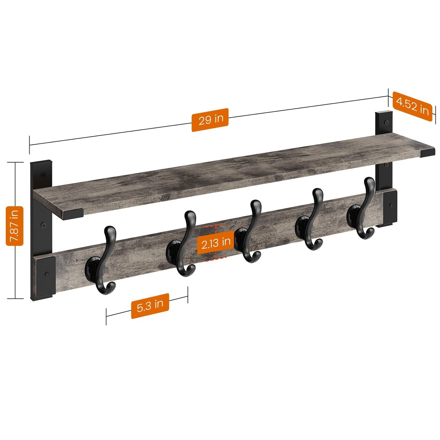 Homode Coat Rack Wall Mount with Shelf, 29 Inch Wood Wall Shelf with Hooks, Entryway Coat Hanger Wall Mount with 5 Hangers for Bathroom, Bedroom, Living Room, Grey
