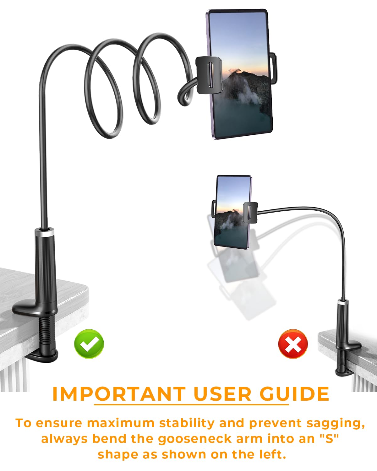 Mumay 42" Long Arm Tablet Holder for Bed with 360° Rotating Base: Flexible Gooseneck Stand Compatible with iPad Pro Air Mini | Kindle | Switch & Other 4–13" Devices