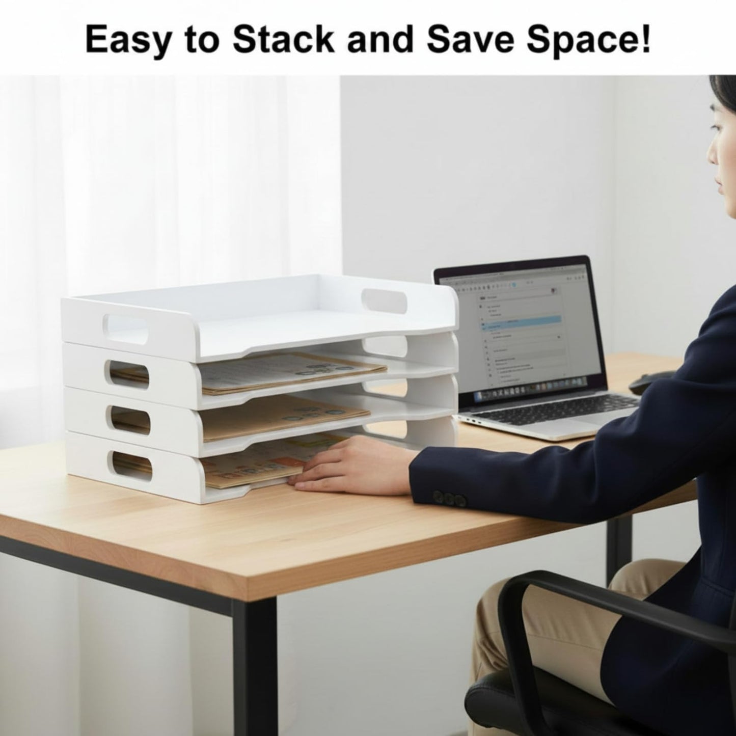 Yinkin Wooden Stackable Paper Trays 4-Tier Wooden Paper Organizer for Desk Letter Documents Woodens Desktop File Organizers for Desktop File Holder and Office Supplies Rack for Home Office Use(White)