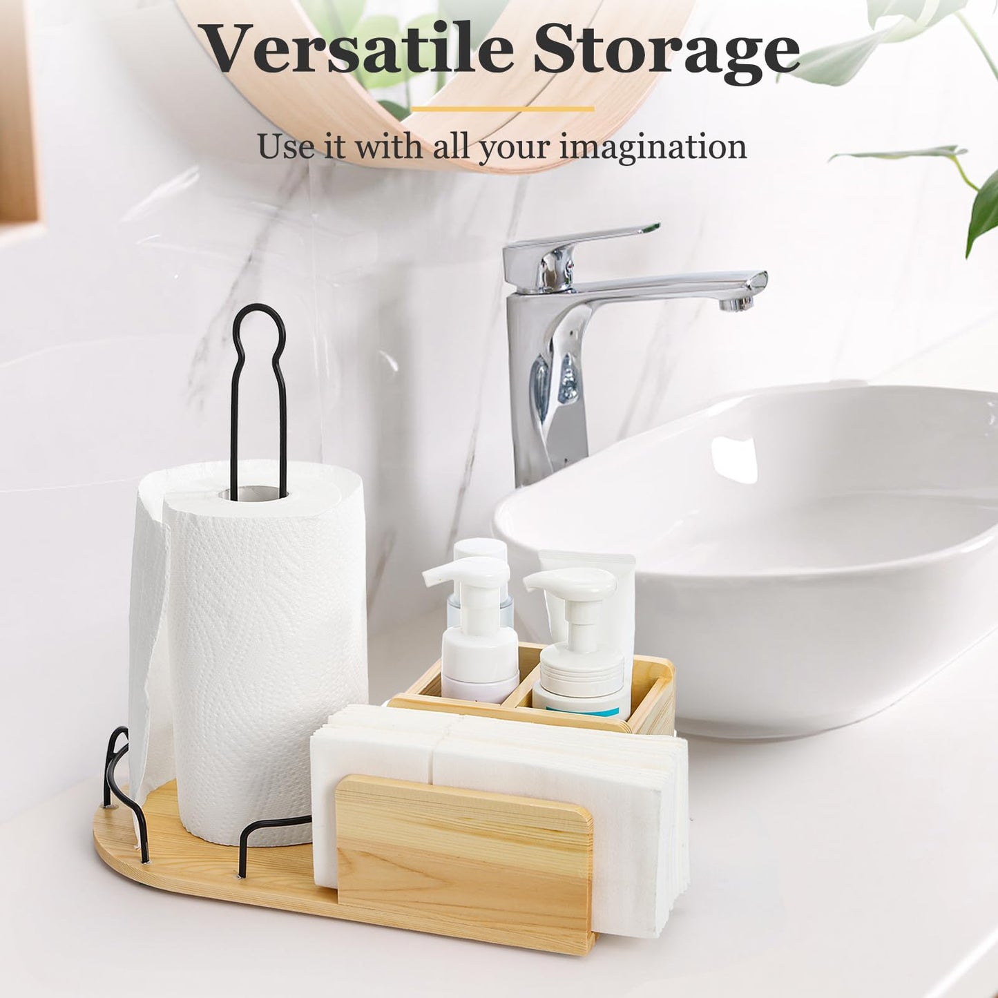 WRINGKIT Wood Paper Towel Stand, Towel Roll Napkin Holder Caddy with 2 Spice Compartments, Papertowel Holder for Kitchen Countertop with Heavy Duty Non-Slip Base, Fits Standard or Jumbo-Sized Rolls