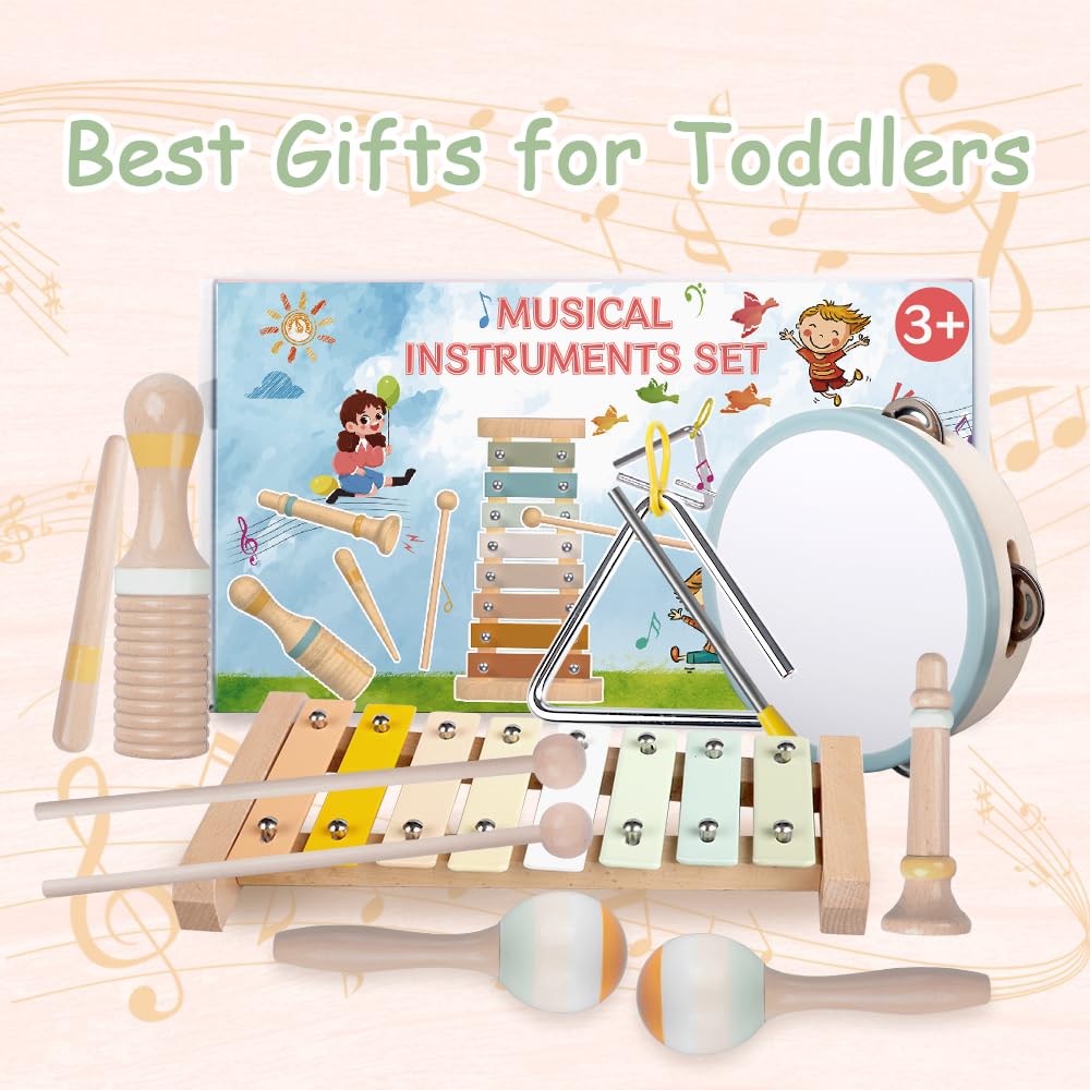 Baby Musical Instruments-Montessori Wooden Toys for Toddlers,Neutral Colors Percussion Instruments Set with Modern Boho Xylophone for Kids Preschool Educational (Neutral)
