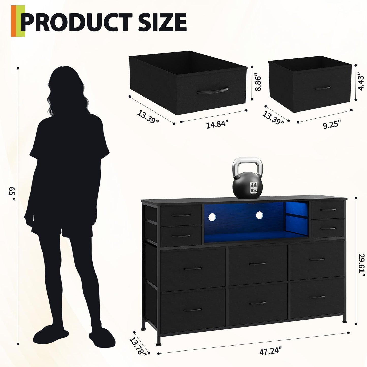 Garvee 10 Fabric Drawers Dresser, Entertainment Center TV Stand with Power Outlet & LED Light for 45"-55" TV, Chest of Drawers with Wood Top and Open Shelves for Bedroom, Living Room, Hallway, Black