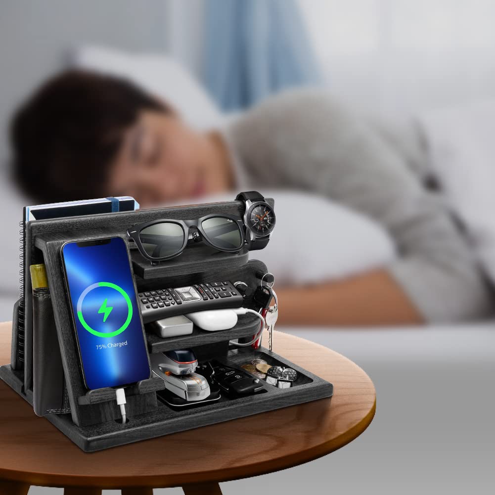 Gifts for Men Christmas, Wood Phone Docking Station, Mens Gifts for Birthday or Gifts for Dad Fathers Day, Desk Workspace Organizer Nightstand Organizer Key for Wallet & Watch Holder Husband Christmas