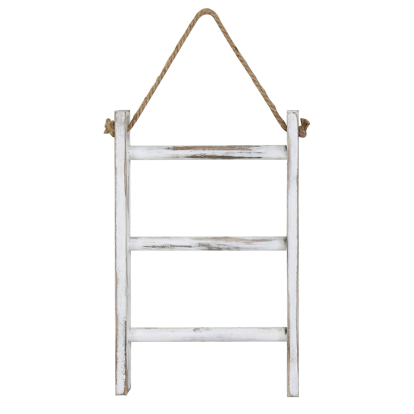 MyGift Wall-Leaning Rustic Gray with White Finish Wood Ladder-Style Blanket Rack & MyGift 3-Tier Mini Whitewashed Wood Wall-Hanging Hand Towel Storage Ladder with Rope