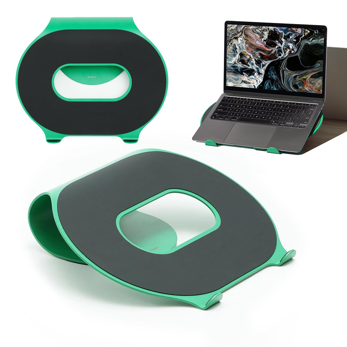 NUMIN Loop Laptop Stand Green | Laptop Tabletop Stand | Sturdy Rust Free Metal and Wood Design | Anti Slip leatherite Surface | Compatible for MacBook, HP, Dell, Lenovo