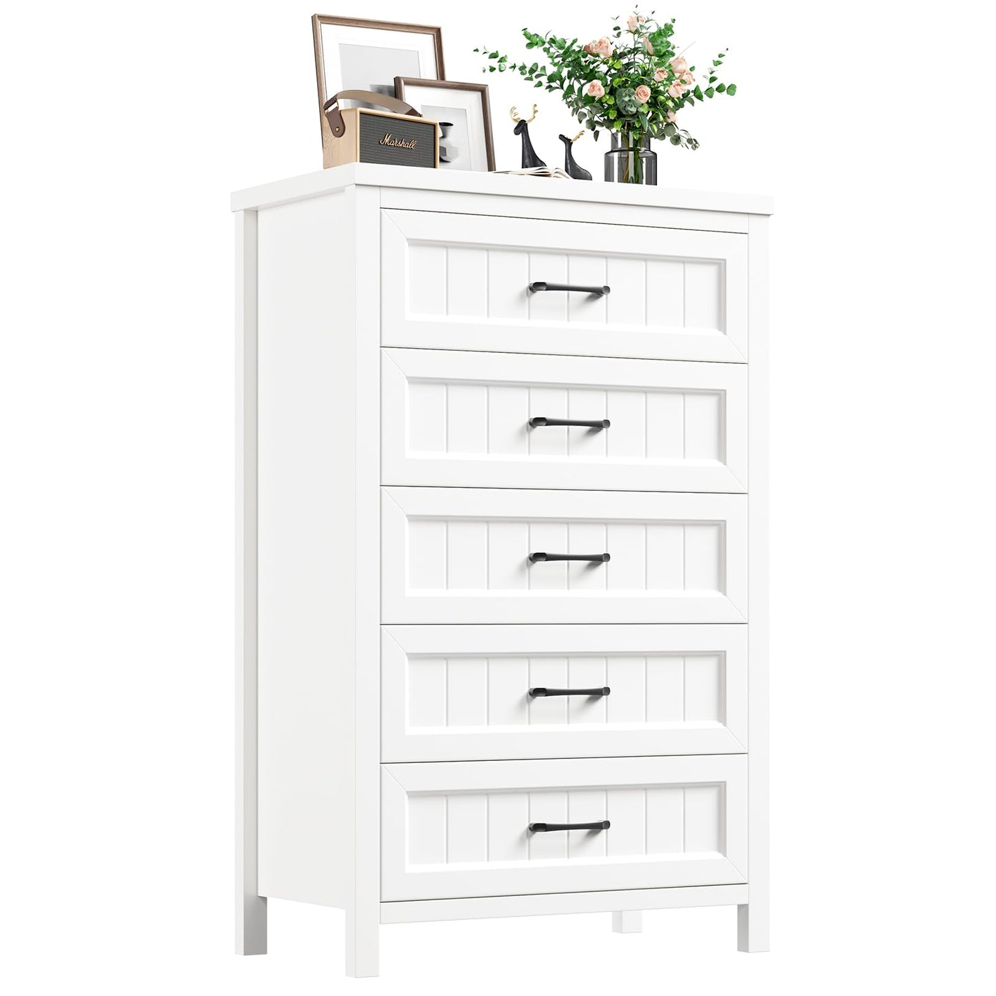 Jocoevol 5 Drawer Dresser for Bedroom - Farmhouse 44.9" Tall Chest of Dresser with Large Storage, Rubst Wood Construction for Living Room, Hallway & Entryway - White