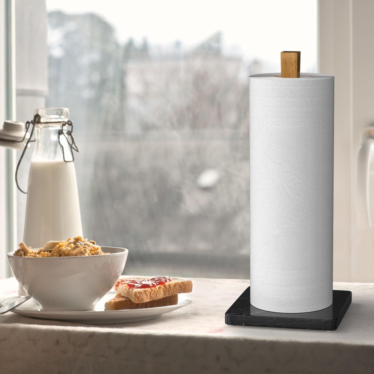 Buruis Wood Paper Towel Holder, Marble Base Modern Decorative Countertop Standing Rolls Holder for Kitchen, Toilet, Pantry and Bathroom (Square Marble Base Black)
