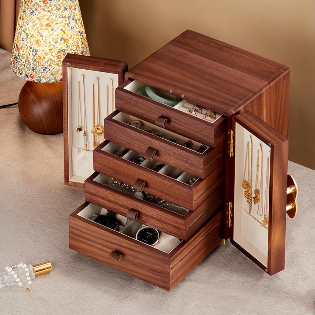 Amersis Wooden Jewelry Box 5 Layers Solid Wood Black Walnut Large Jewelry Organizer with Brass Handle for Necklaces Rings Earrings Watches Storage Ideal Gift Choice for Mother's Day
