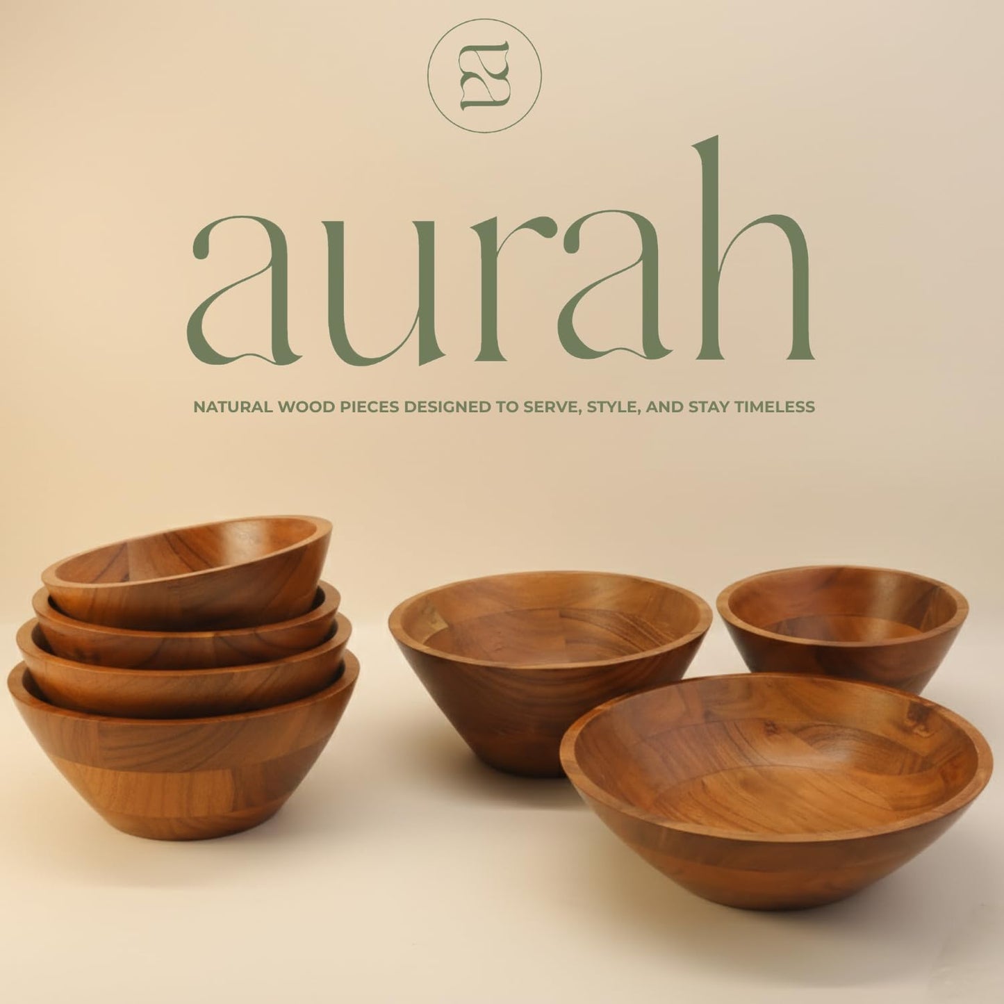 Aurah Acacia Wood Salad Bowl, 9.7" Diameter x 4.2" Height – Medium Wooden Mixing & Serving Bowls for Salad, Pasta and Fruits – Kitchen & Outdoor Dining - Capacity 3.8 Quarts
