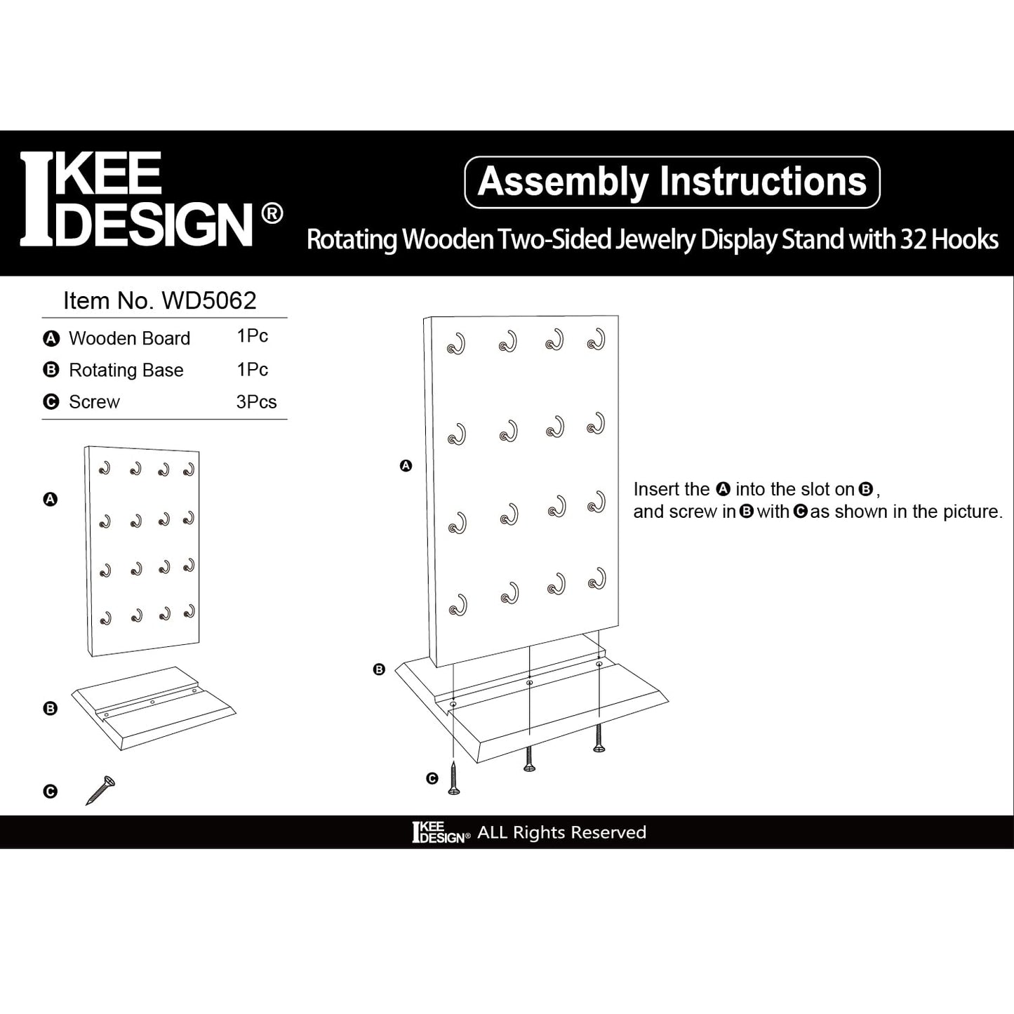 Ikee Design Wooden Rotating Two-Sided Jewelry Display Stand, Rotating Organizer with 32 Hooks for Store, Earring Keychain Display with Hooks, Brown color, 9 W x 7.5 D x 16.5 H in