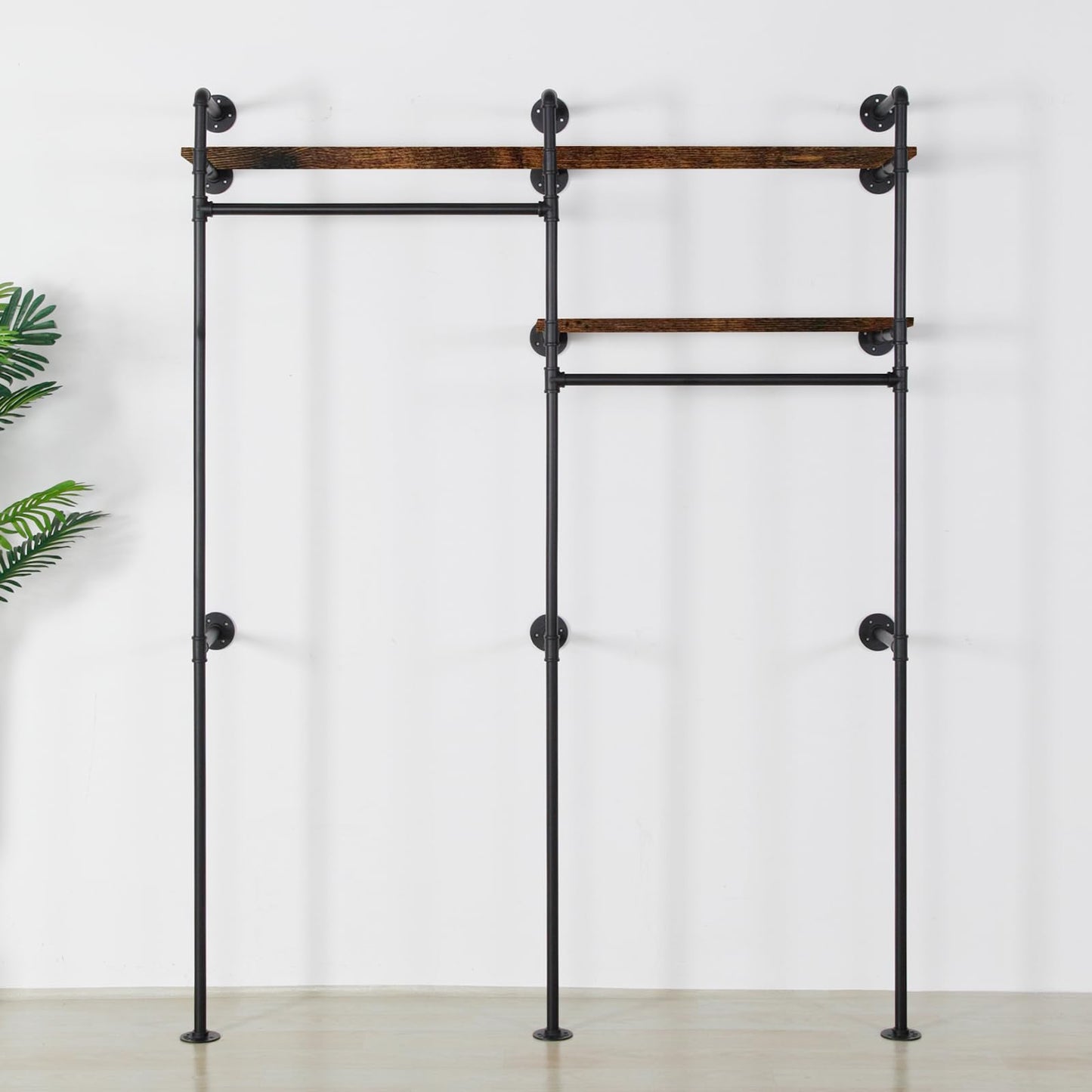 EDCB Industrial Pipe Clothing Rack - Black Wall Mounted Clothes Rack with 2 Hanging Rods & 2 Wooden Shelves, Closet Organizers and Storage for Retail Store, Bedroom (79.5 x 59in)