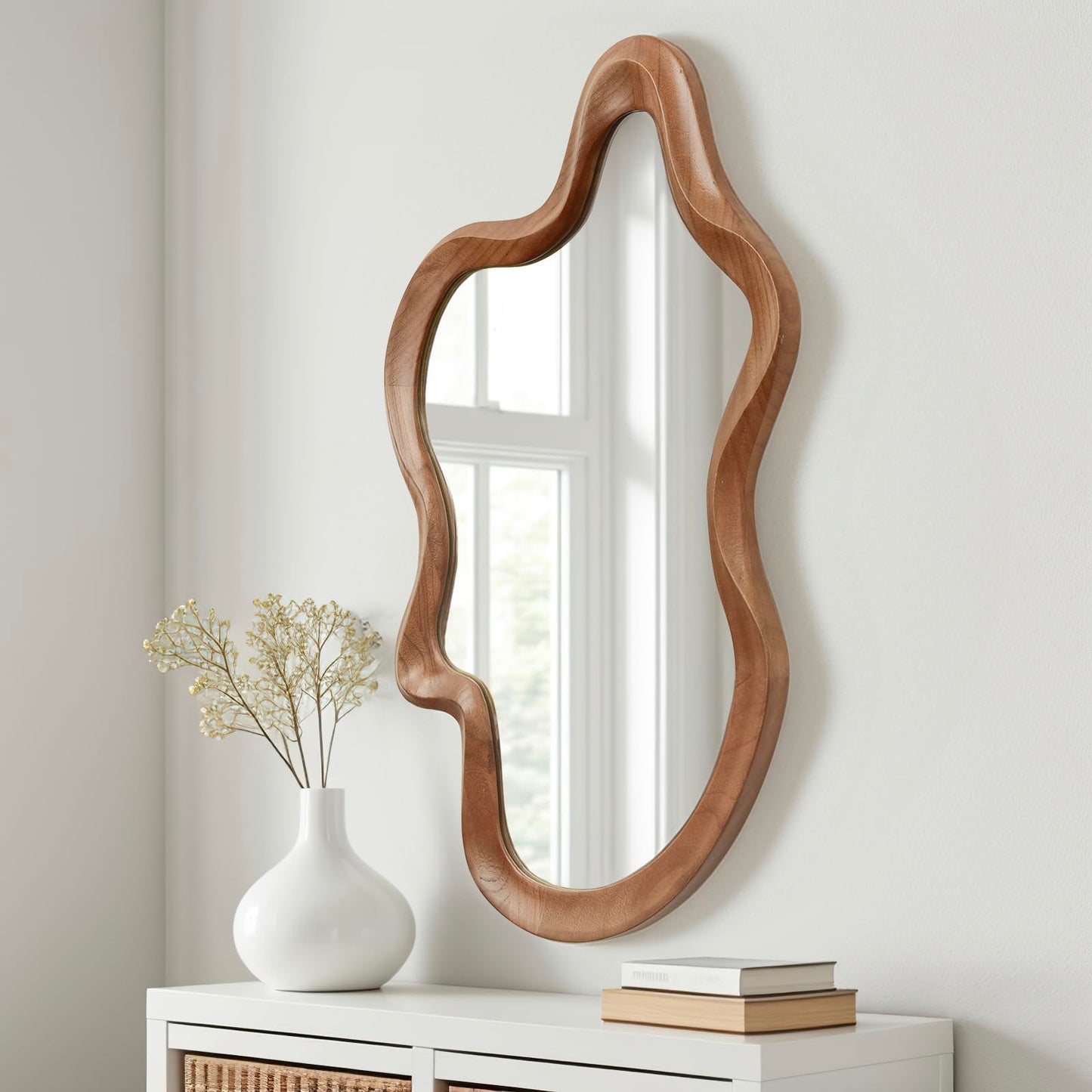 sawsile Irregular Wall Mirror,21""x 32""Asymmetrical Mirror Wood,Wooden Framed Wall Mirror,Modern Large Vanity Bathroom Mirror,Walnut Wavy Mirror for Entryway,Bedroom,Living Room,Washroom, Brown a