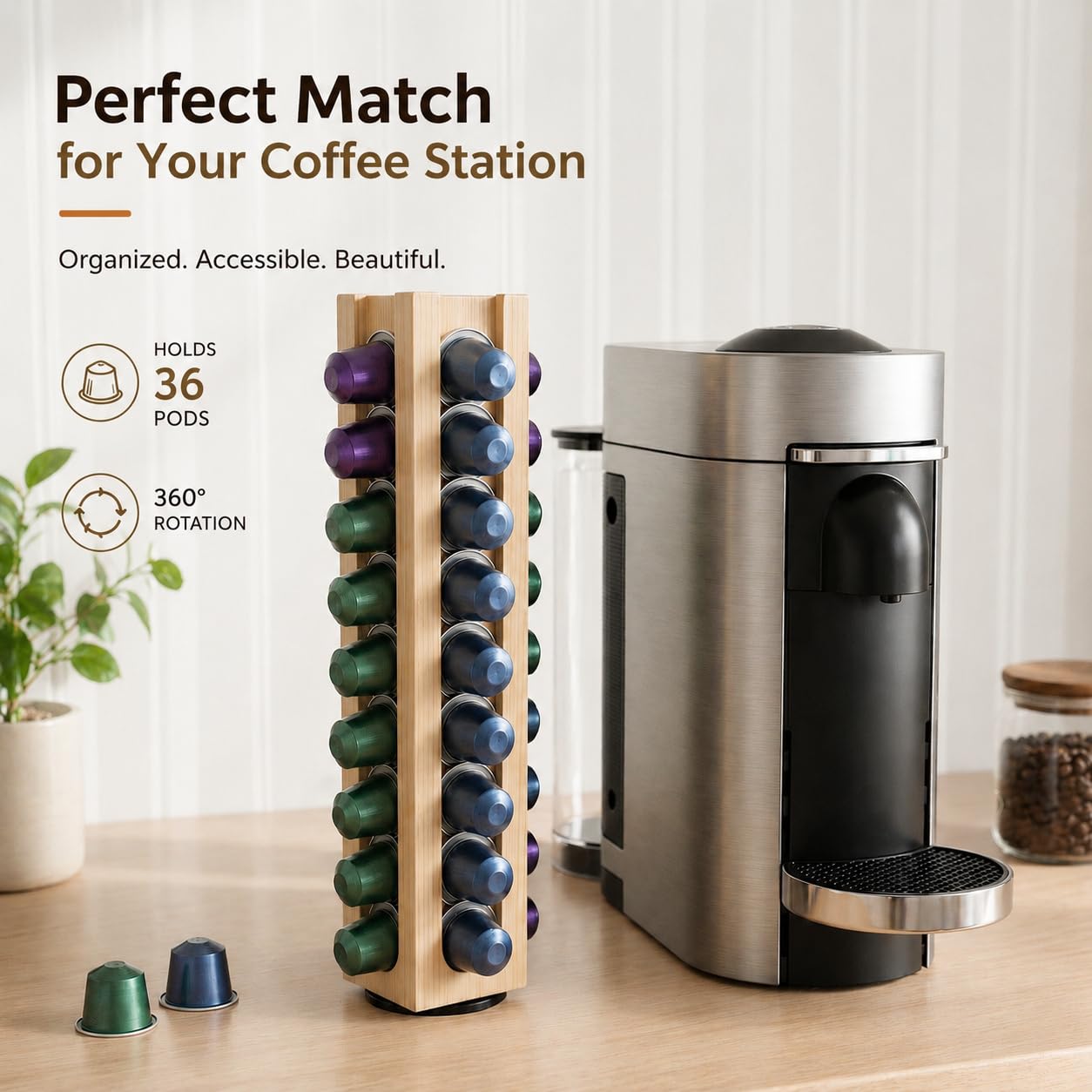 VOMELON Wooden Coffee Pod Holder Compatible with Nespresso Original Pods,Rotating Vertical Carousel Pod Holder Coffee Station Countertop Organizer Storage Rack for 36 Pods