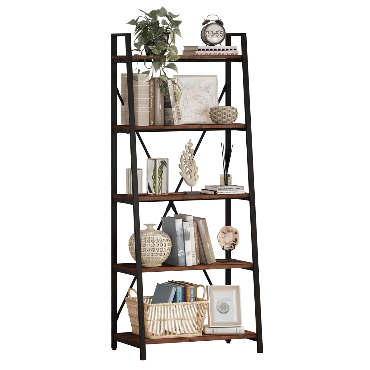 BON AUGURE Ladder Shelf Bookcase, 5-Tier Industrial Ladder Bookshelf, Tall Living Room Shelves, Wood and Metal Leaning Shelf for Home Office, Kitchen, Bedroom, Balcony (Rustic Oak)
