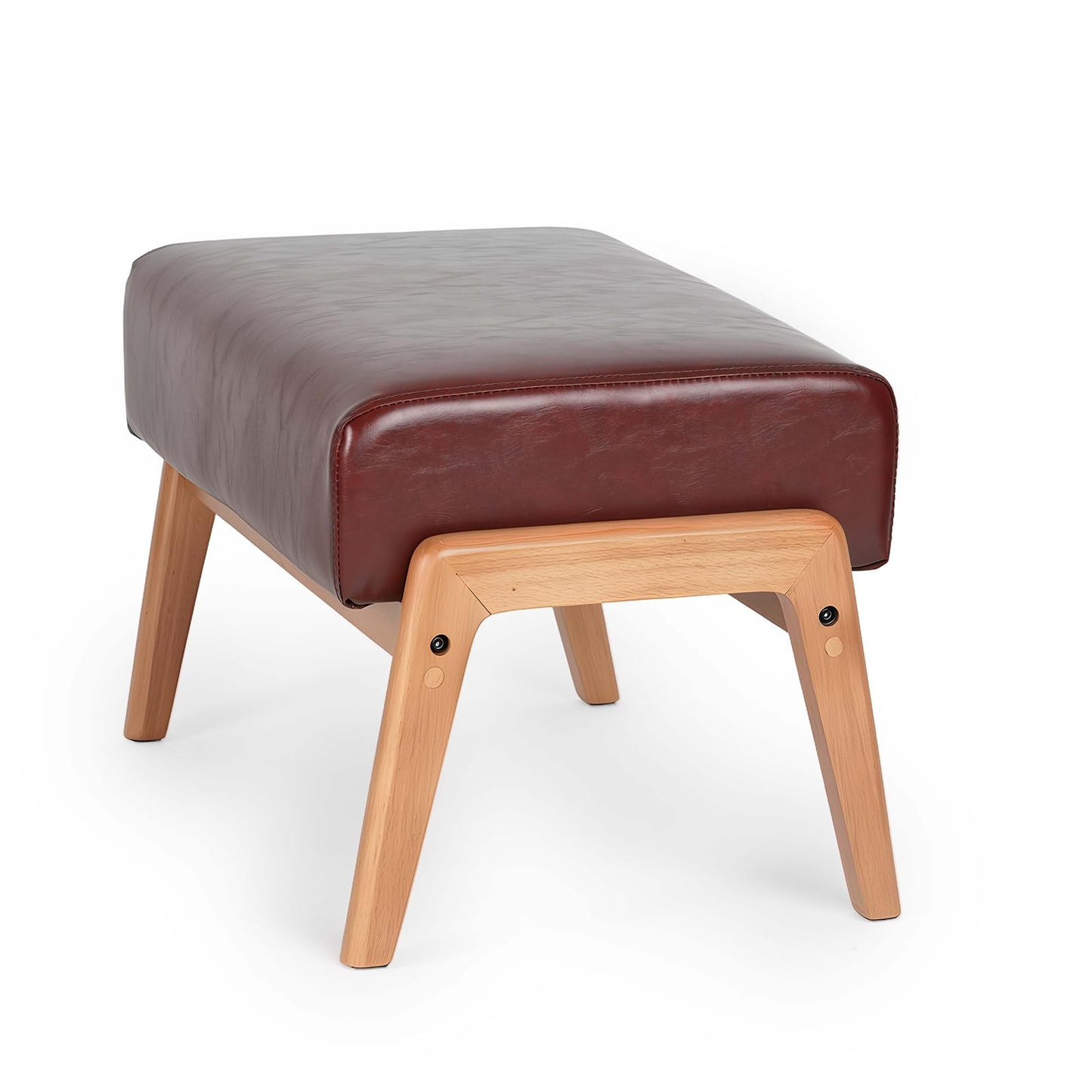 ACONUP Foot Stool, Leatherette Wooden Step Stool, Modern Rectangle Ottoman Wide Vanity Stool with Cushion for Couch Living Room Bedroom Entryway, Brown