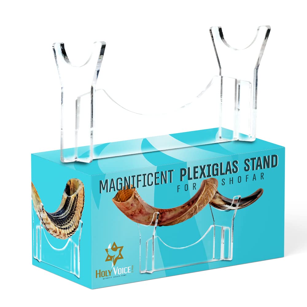 Holy Voice Sterling Silver-Plated 43"-47" Decorative Jerusalem Shofar Horn from Israel Judaica Gift Set with Stand, Carrying Bag, Brush, Made in Israel