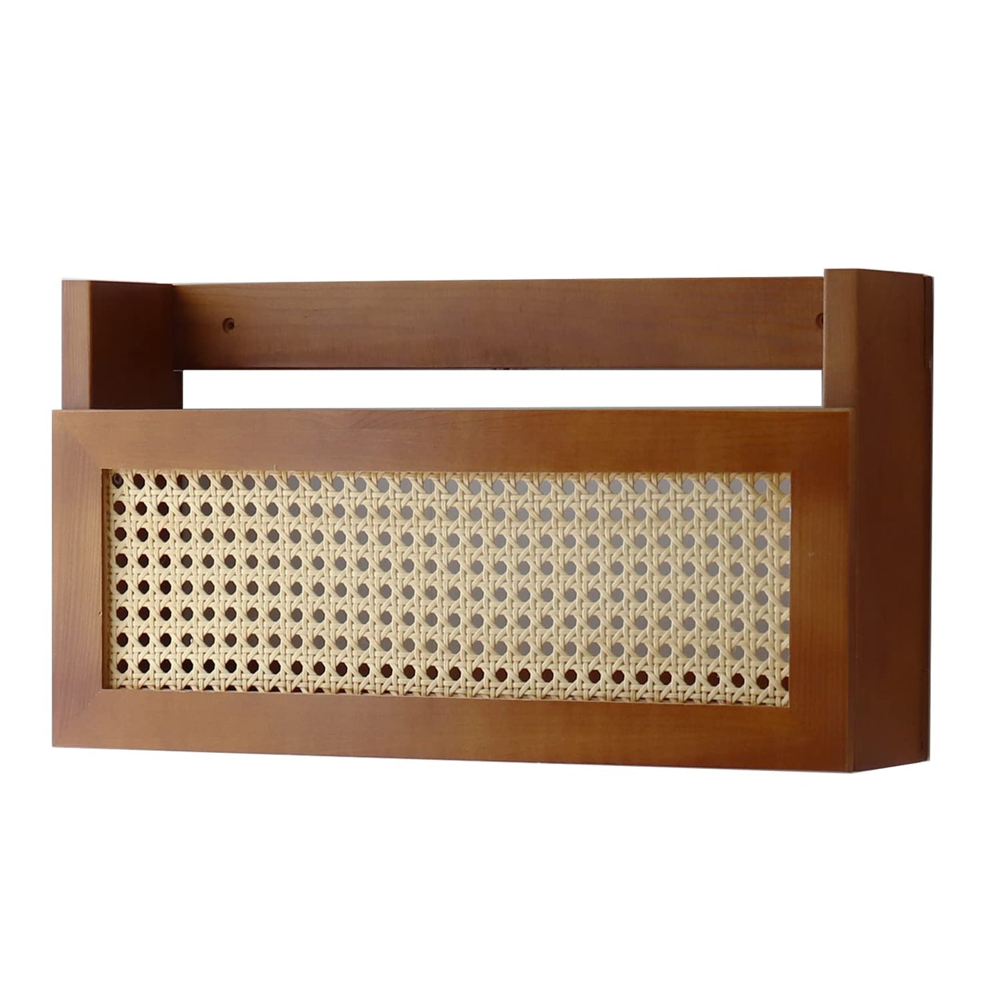 FRIADE Wall Wood Magazine Rack with PE Rattan Grid,Size 17.3" x 4" x 9.4",File Holder For Entryway, Living Room, Waiting Room, Kids’ room,Office(Brown)
