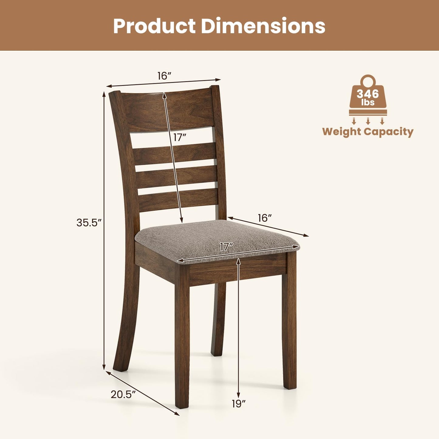 Giantex Wooden Dining Chairs Set of 2, Upholstered Kitchen Chair w/Rubber Wood Frame, Curved Slatted Backrest & Wide Padded Seat, Modern Dining Room Chairs for Living Room, Restaurant, Brown