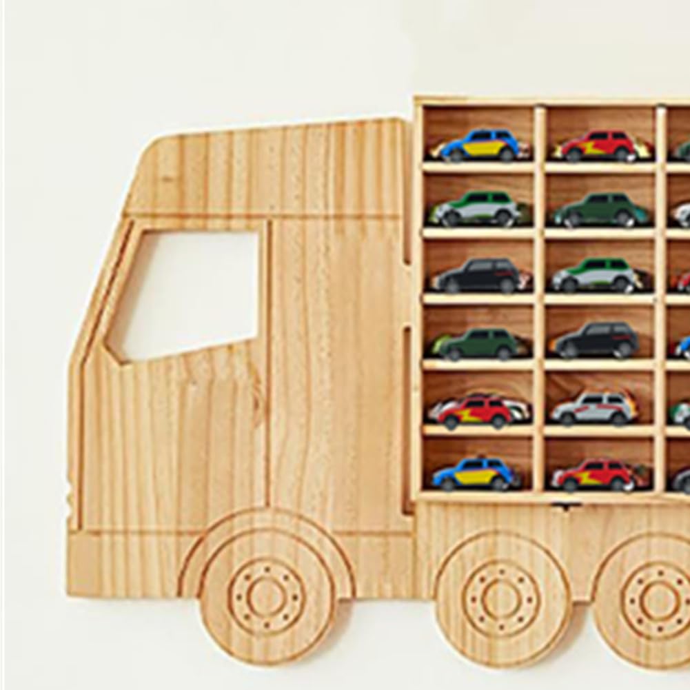 Wasaiggon Wood Toy Car Display Rack, Holds 42 Diecast Cars Model Car Display Case 1/64 Scale Toy Cars Organizer Freestanding or Wall-Mounted Toy Car Storage Cabinet