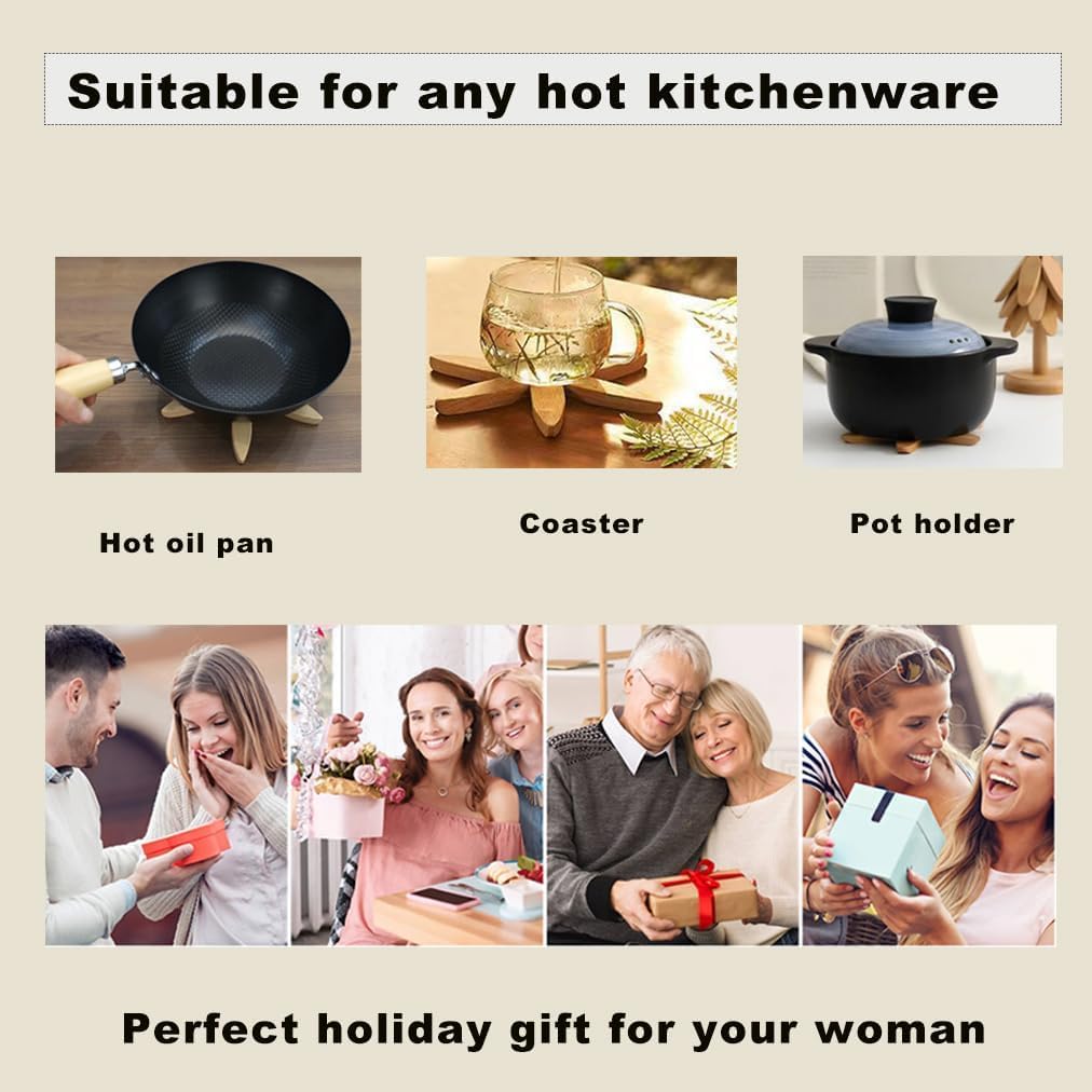 Wooden Trivets for Hot Dishes, Tree Shape Trivet Set, 4 Walnut Wood + 1 Stand stored Like a Christmas Tree,Foldable Kitchen Wooden Trivet,for Hot Dishes、Pot、Bowl、Teapot(Walnut Wood), Non-Slip Design