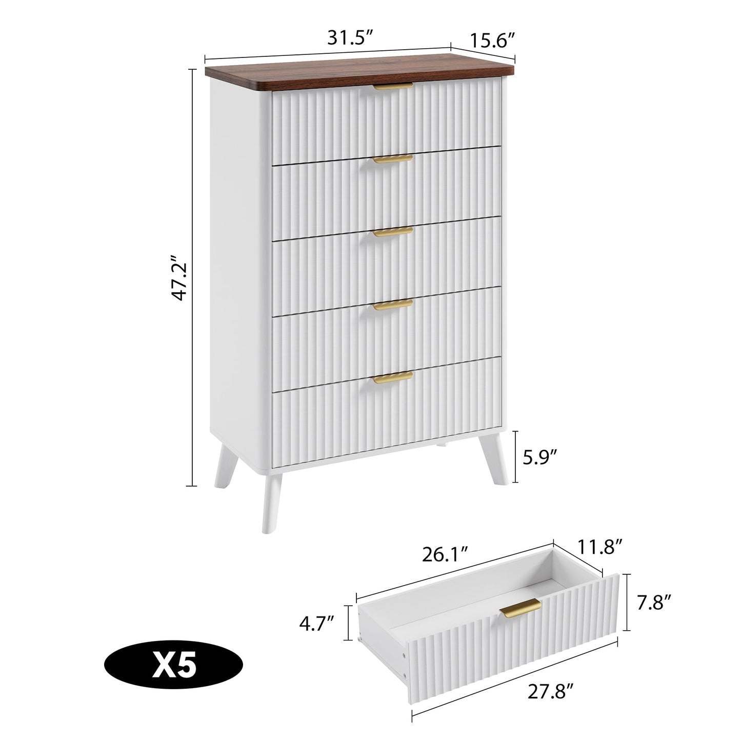 GarveeHome Fluted Dresser for Bedroom with 5 Deep Drawers, 47.2" Tall Chest of Drawers, Curved Profile Design, Modern Wooden Dresser, for Living Room, Kids Room, Hallway, White