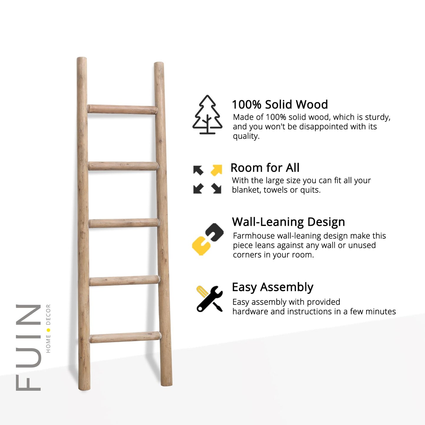 FUIN Blanket Ladder, 57in Rustic Solid Wood Decorative Ladder, Brown