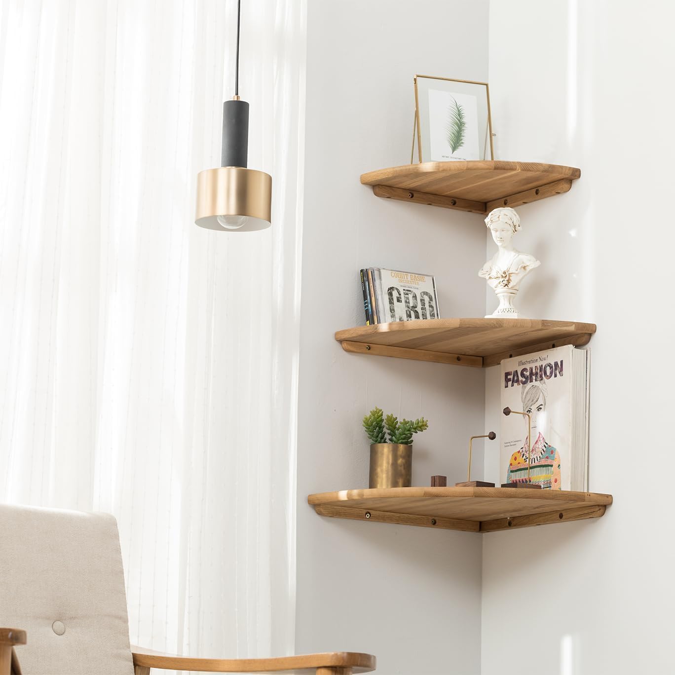Conamily Corner Shelf, 7inch Solid Oak Wood Floating Corner Shelf Wall Mount Round End Floating Speaker Shelves with Wire Hole for Small Plant Photo Frame for Bedroom Kitchen, Living Room